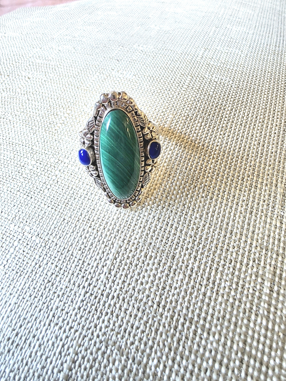 925 Sterling Silver Green Malachite & Blue Stone Statement Ring Size 8 - Picture 11 of 13